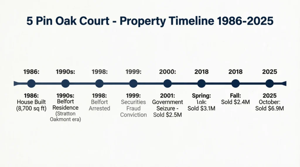 "5 Pin Oak Court property timeline showing sales history from 1986 to 2025 including Jordan Belfort residence, government seizure, and resale prices"
