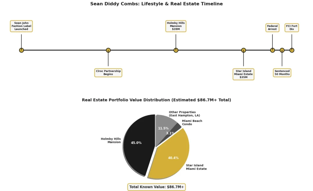 Sean Diddy Combs lifestyle timeline and real estate portfolio infographic showing Holmby Hills mansion Star Island estate and key milestones