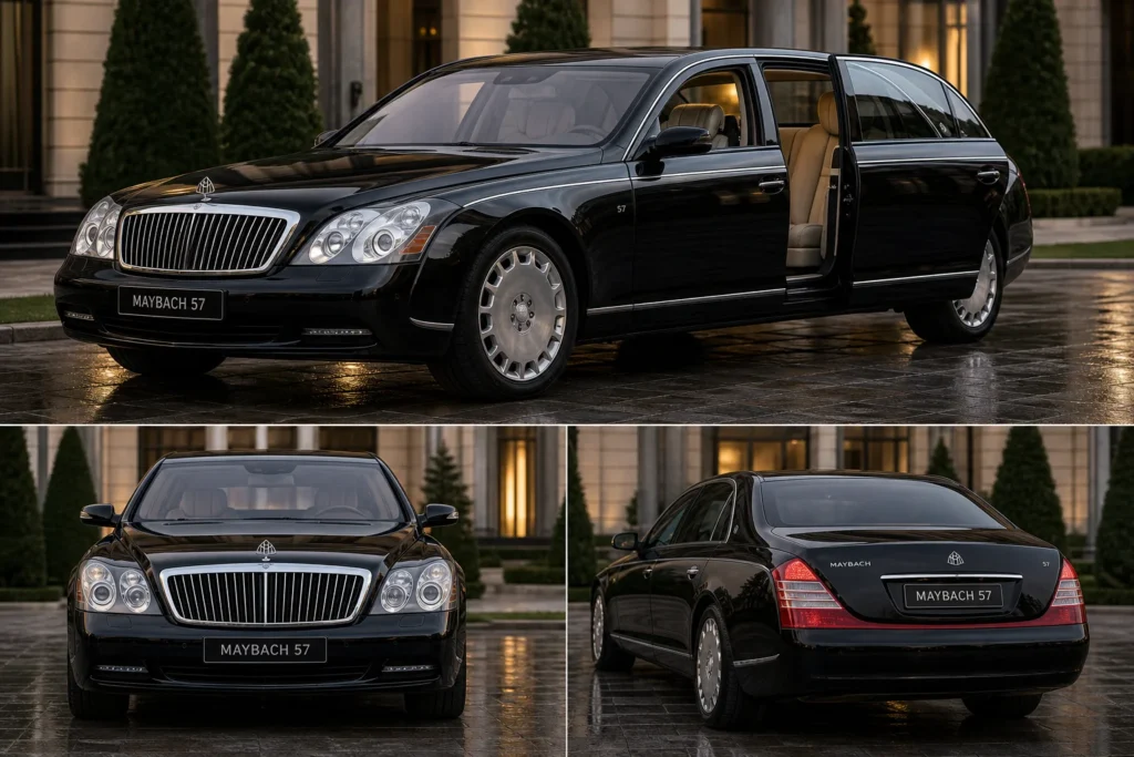 Black Maybach 57 luxury sedan with open door showing cream leather interior