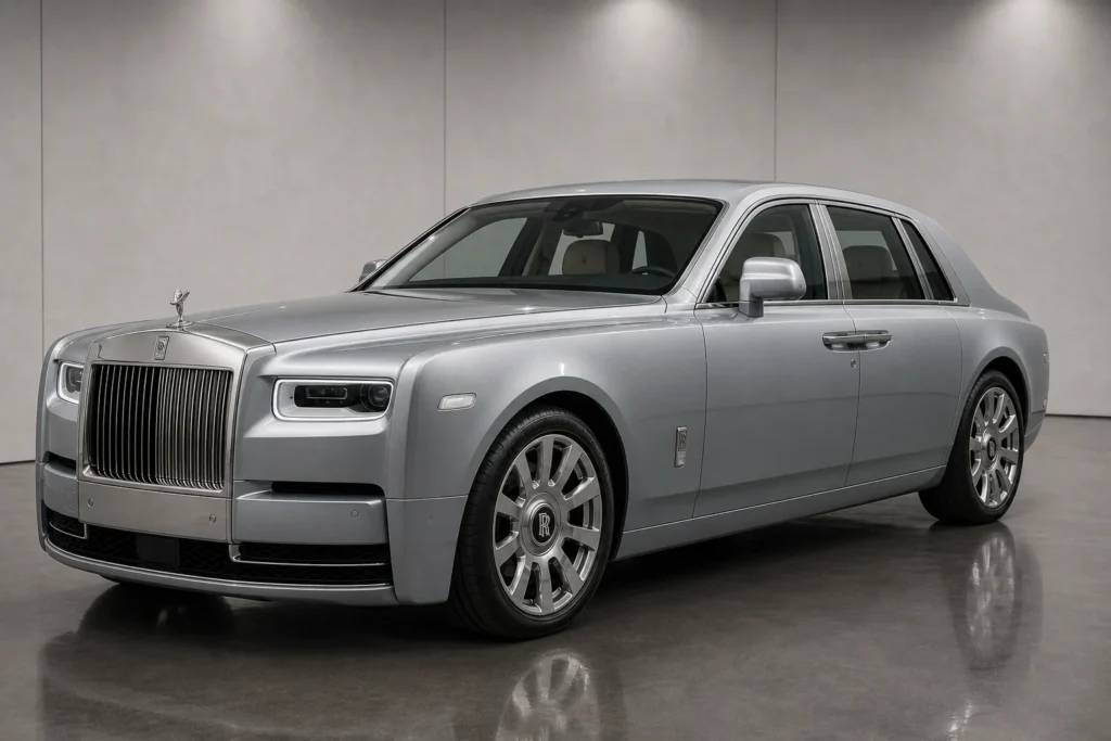 2018 Rolls-Royce Phantom silver luxury sedan with iconic grille and suicide doors